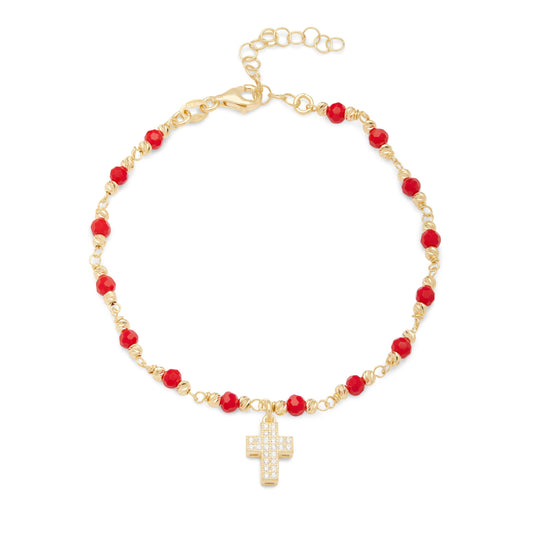 Mondo Cattolico Bracelet Adjustable Gold-plated Sterling Silver Bracelet With Red Beads and Cross With Cubic Zirconia Pendant