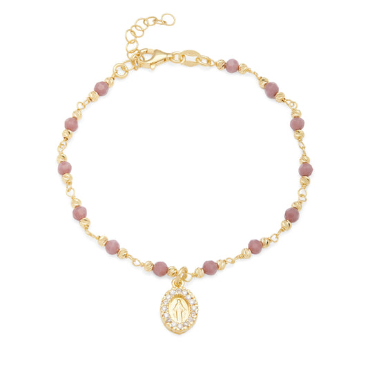 Mondo Cattolico Bracelet Adjustable Gold-plated Sterling Silver Bracelet With Rose Beads and Miraculous Medal With Cubic Zirconia Pendant