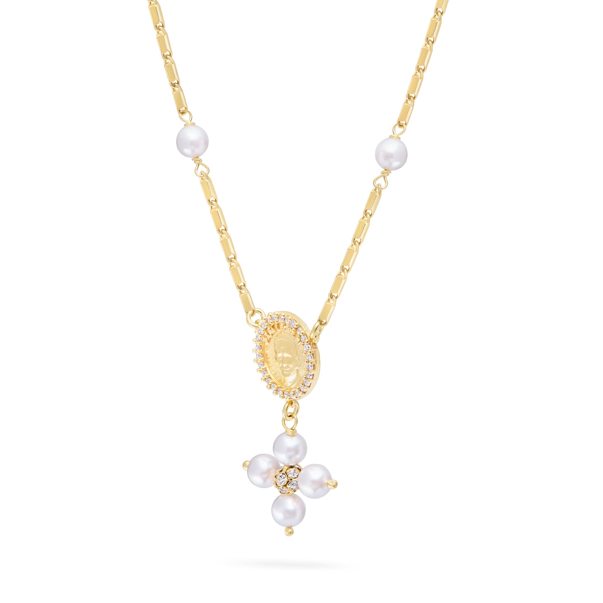 Mondo Cattolico Necklaces 28 cm (11.02 in) / 46 cm (18.11 in) / 6 mm (0.24 in) Gold-plated Sterling Silver Pope Leo XIV Necklace with White Pearl Beads and Rhinestone Centerpiece