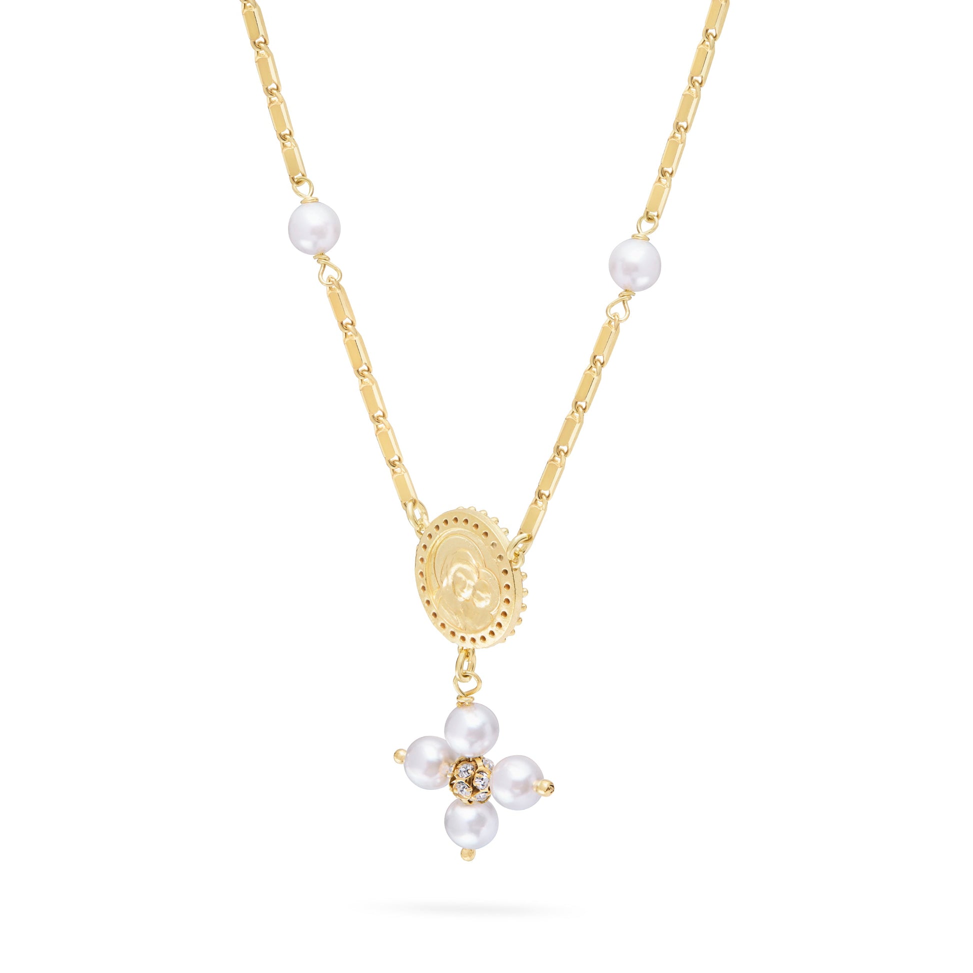 Mondo Cattolico Necklaces 28 cm (11.02 in) / 46 cm (18.11 in) / 6 mm (0.24 in) Gold-plated Sterling Silver Pope Leo XIV Necklace with White Pearl Beads and Rhinestone Centerpiece