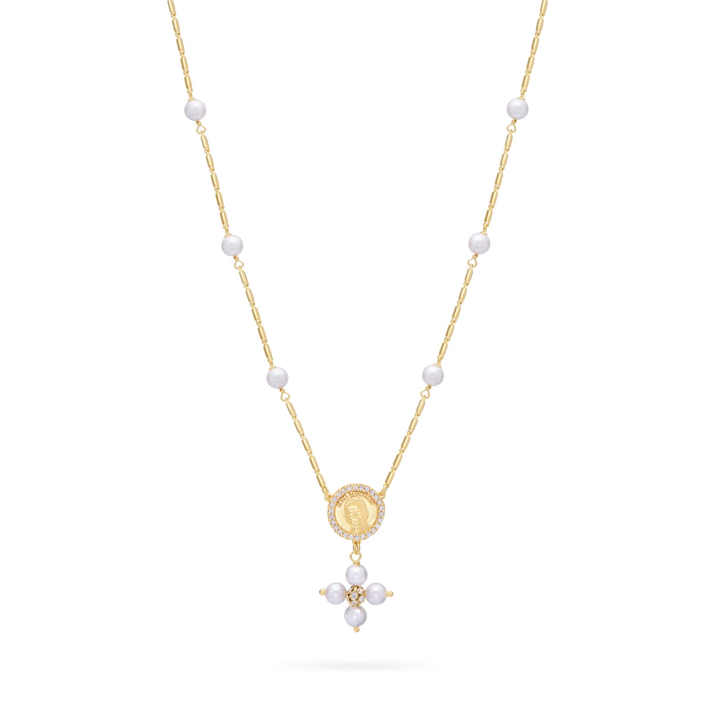 Mondo Cattolico Necklaces 28 cm (11.02 in) / 46 cm (18.11 in) / 6 mm (0.24 in) Gold-plated Sterling Silver Pope Leo XIV Necklace with White Pearl Beads and Rhinestone Centerpiece