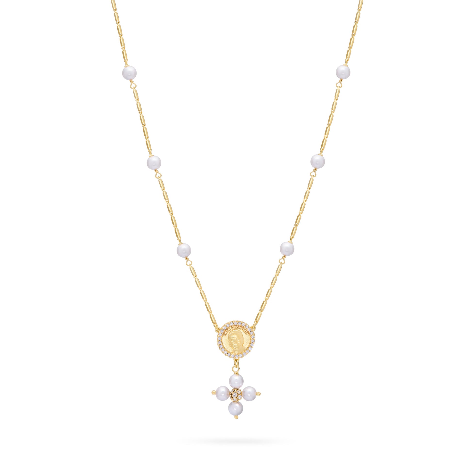Mondo Cattolico Necklaces 28 cm (11.02 in) / 46 cm (18.11 in) / 6 mm (0.24 in) Gold-plated Sterling Silver Pope Leo XIV Necklace with White Pearl Beads and Rhinestone Centerpiece