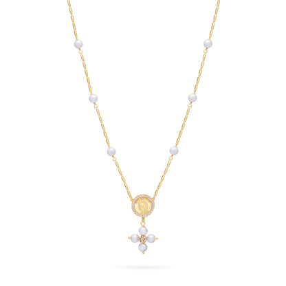 Mondo Cattolico Necklaces 28 cm (11.02 in) / 46 cm (18.11 in) / 6 mm (0.24 in) Gold-plated Sterling Silver Pope Leo XIV Necklace with White Pearl Beads and Rhinestone Centerpiece
