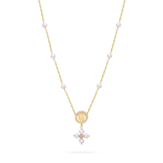Mondo Cattolico Necklaces 28 cm (11.02 in) / 46 cm (18.11 in) / 6 mm (0.24 in) Gold-plated Sterling Silver Pope Leo XIV Necklace with White Pearl Beads and Rhinestone Centerpiece