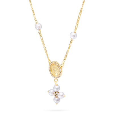 Mondo Cattolico Necklaces 28 cm (11.02 in) / 46 cm (18.11 in) / 6 mm (0.24 in) Gold-plated Sterling Silver Pope Leo XIV Necklace with White Pearls and Rhinestone Beads