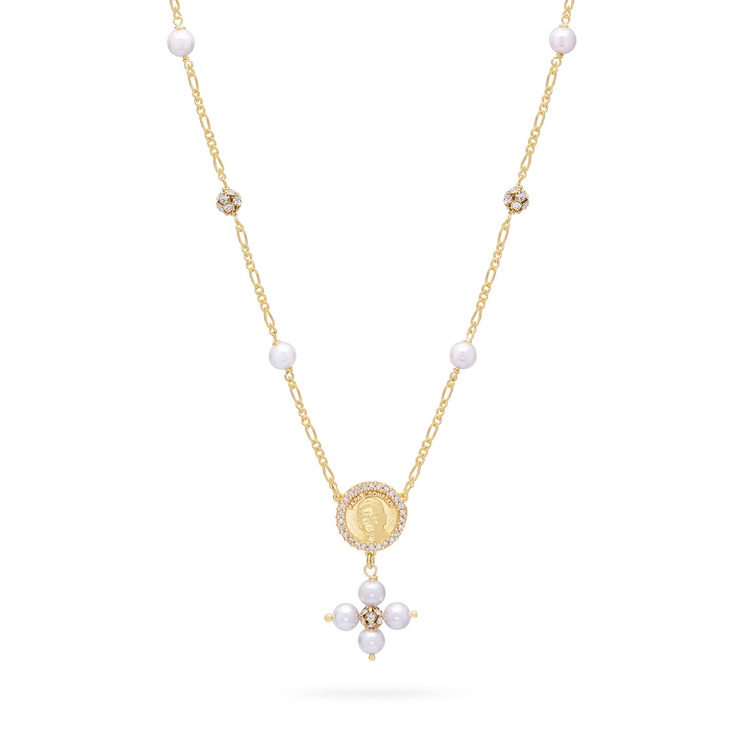 Mondo Cattolico Necklaces 28 cm (11.02 in) / 46 cm (18.11 in) / 6 mm (0.24 in) Gold-plated Sterling Silver Pope Leo XIV Necklace with White Pearls and Rhinestone Beads