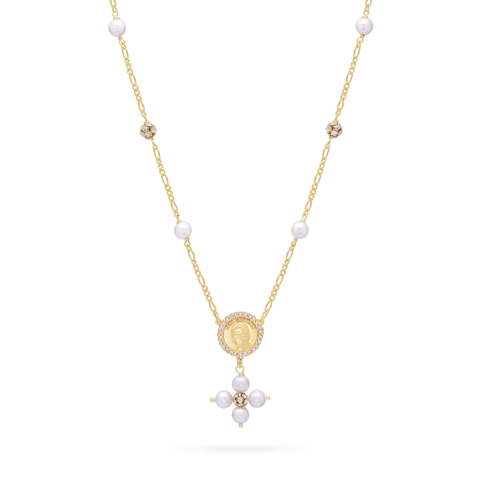 Mondo Cattolico Necklaces 28 cm (11.02 in) / 46 cm (18.11 in) / 6 mm (0.24 in) Gold-plated Sterling Silver Pope Leo XIV Necklace with White Pearls and Rhinestone Beads