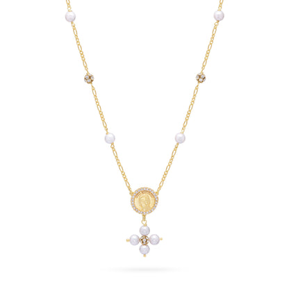 Mondo Cattolico Necklaces 28 cm (11.02 in) / 46 cm (18.11 in) / 6 mm (0.24 in) Gold-plated Sterling Silver Pope Leo XIV Necklace with White Pearls and Rhinestone Beads