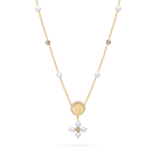 Mondo Cattolico Necklaces 28 cm (11.02 in) / 46 cm (18.11 in) / 6 mm (0.24 in) Gold-plated Sterling Silver Pope Leo XIV Necklace with White Pearls and Rhinestone Beads