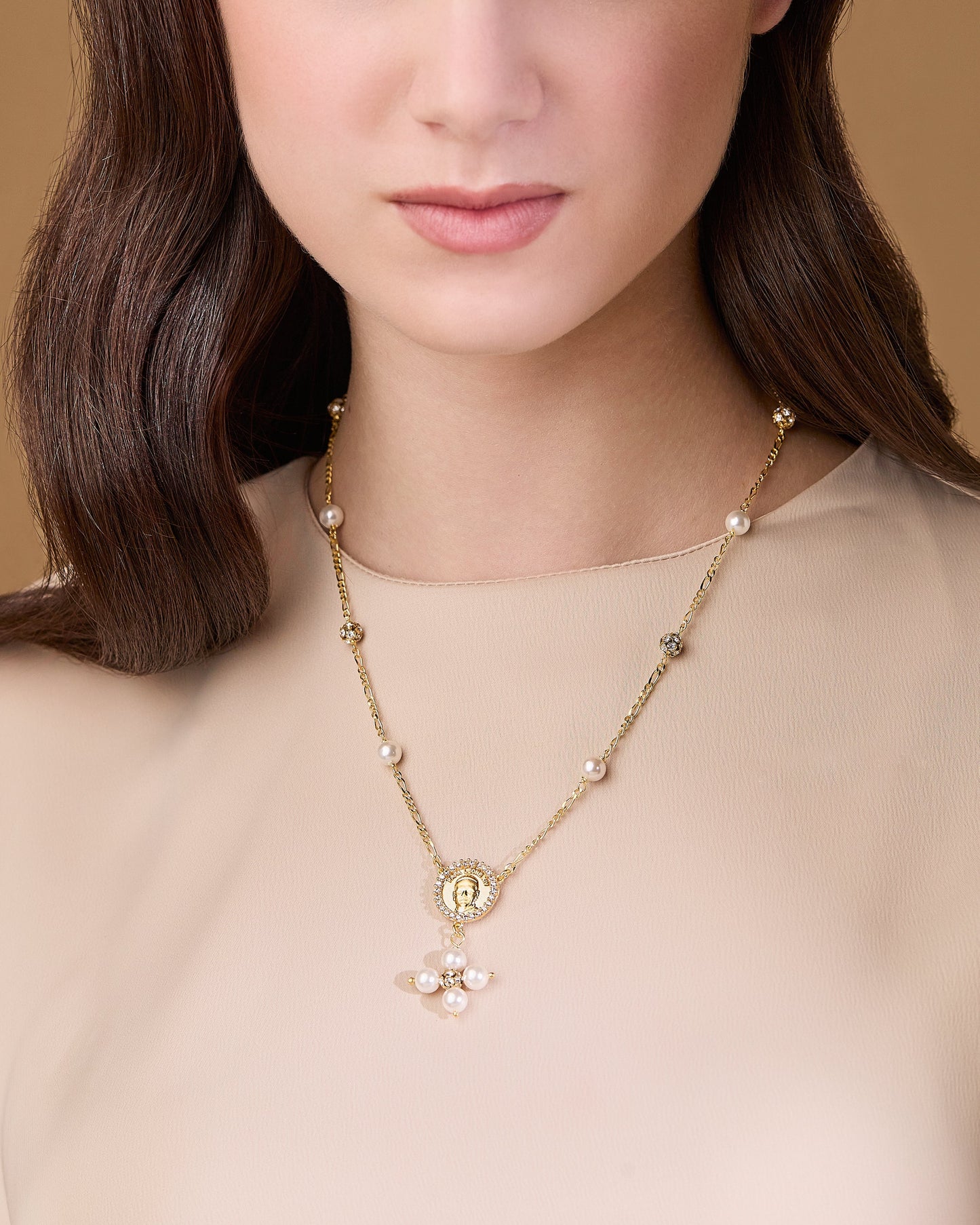 MONDO CATTOLICO ROMA Necklaces 28 cm (11.02 in) / 46 cm (18.11 in) / 6 mm (0.24 in) Gold-plated Sterling Silver Pope Leo XIV Necklace with White Pearls and Rhinestone Beads