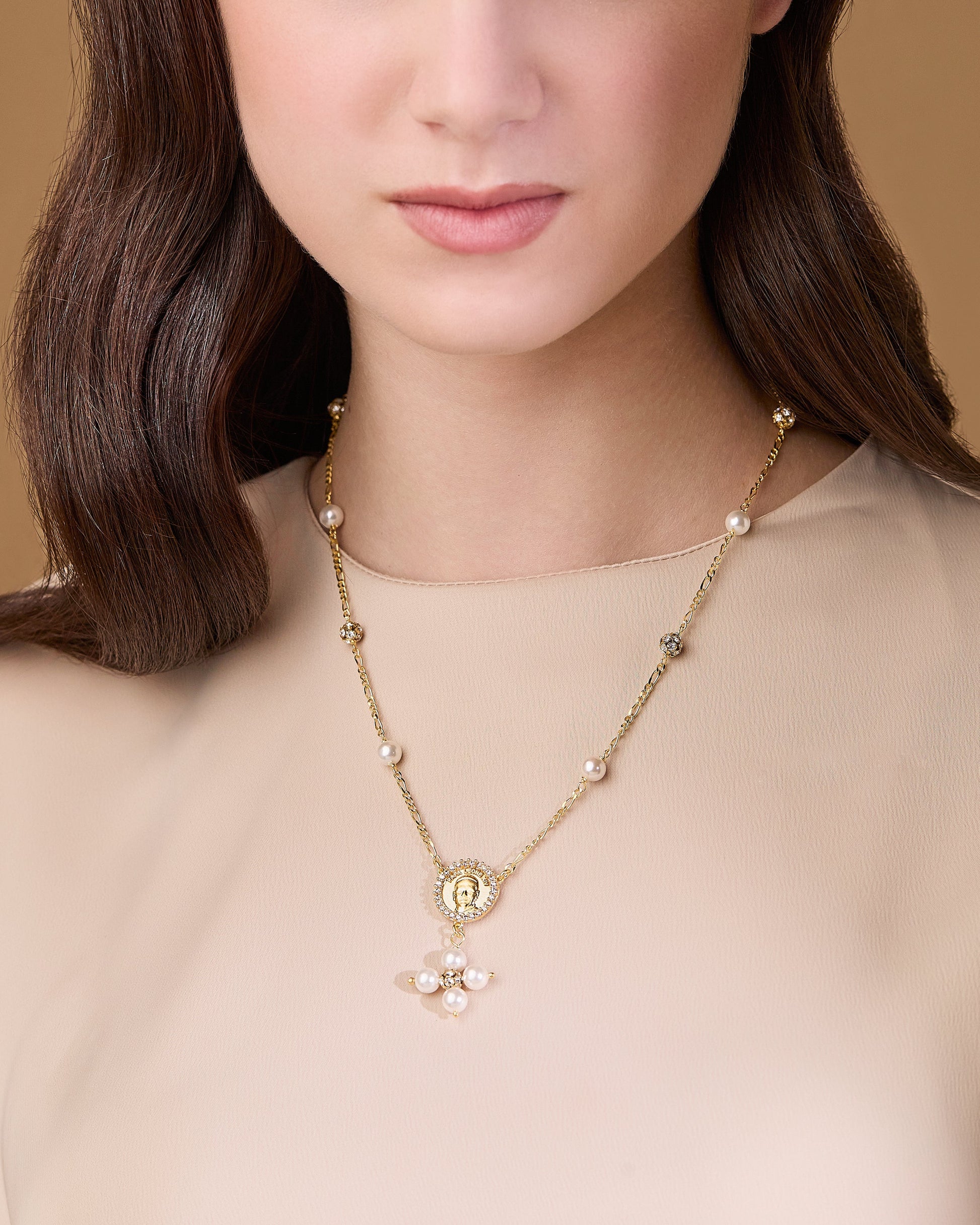 MONDO CATTOLICO ROMA Necklaces 28 cm (11.02 in) / 46 cm (18.11 in) / 6 mm (0.24 in) Gold-plated Sterling Silver Pope Leo XIV Necklace with White Pearls and Rhinestone Beads