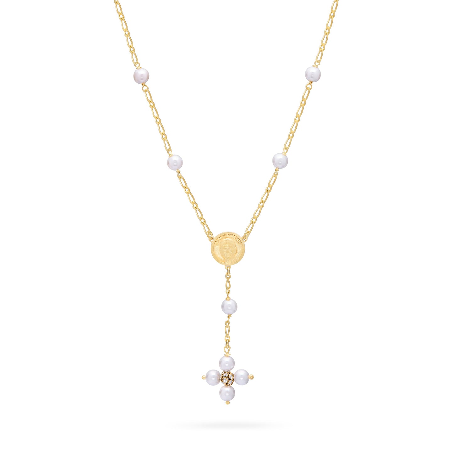 Mondo Cattolico Necklaces 30 cm (11.81 in) / 46 - 50 cm (18.11 - 19.69 in) / 6 mm (0.24 in) Gold-plated Sterling Silver Pope Leo XIV Necklace with White Pearls Beads