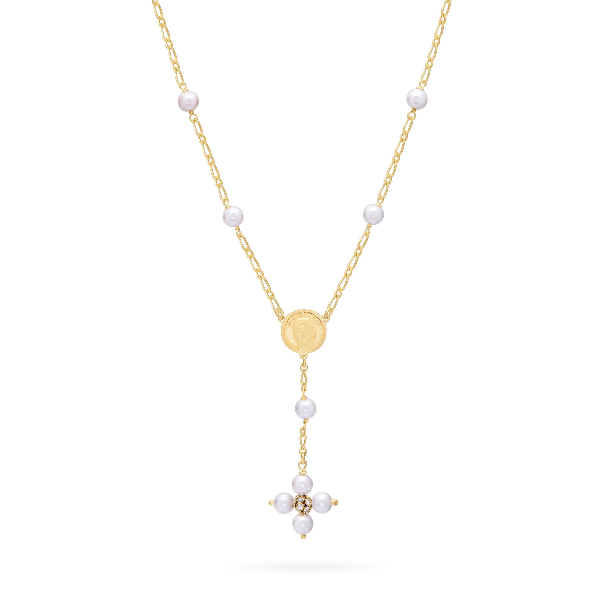 Mondo Cattolico Necklaces 30 cm (11.81 in) / 46 - 50 cm (18.11 - 19.69 in) / 6 mm (0.24 in) Gold-plated Sterling Silver Pope Leo XIV Necklace with White Pearls Beads