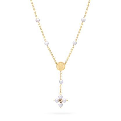 Mondo Cattolico Necklaces 30 cm (11.81 in) / 46 - 50 cm (18.11 - 19.69 in) / 6 mm (0.24 in) Gold-plated Sterling Silver Pope Leo XIV Necklace with White Pearls Beads