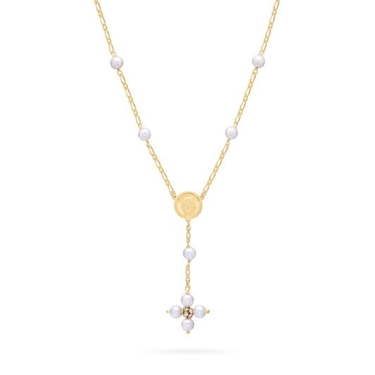 Mondo Cattolico Necklaces 30 cm (11.81 in) / 46 - 50 cm (18.11 - 19.69 in) / 6 mm (0.24 in) Gold-plated Sterling Silver Pope Leo XIV Necklace with White Pearls Beads
