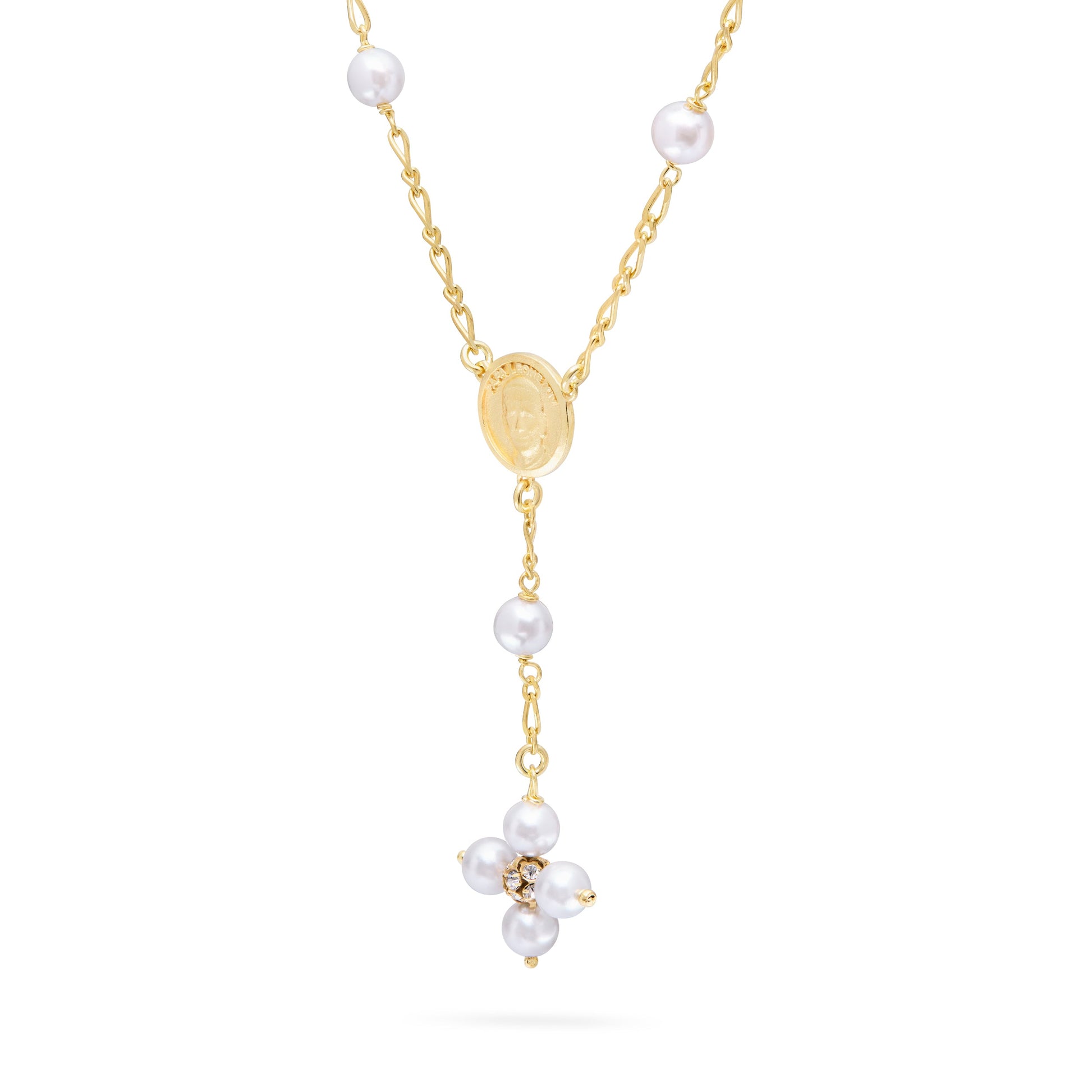 Mondo Cattolico Necklaces 30 cm (11.81 in) / 46 - 50 cm (18.11 - 19.69 in) / 6 mm (0.24 in) Gold-plated Sterling Silver Pope Leo XIV Necklace with White Pearls Beads