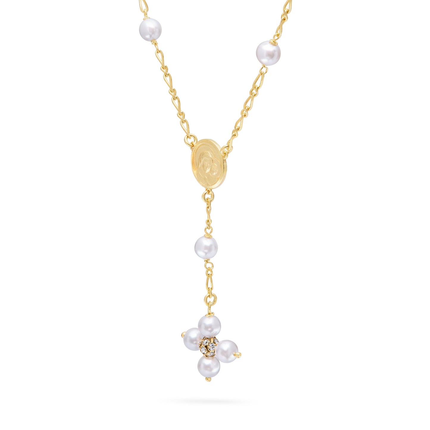 Mondo Cattolico Necklaces 30 cm (11.81 in) / 46 - 50 cm (18.11 - 19.69 in) / 6 mm (0.24 in) Gold-plated Sterling Silver Pope Leo XIV Necklace with White Pearls Beads
