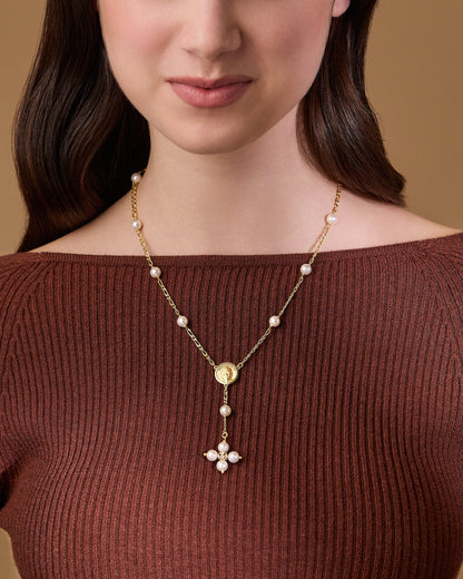 MONDO CATTOLICO ROMA Necklaces 30 cm (11.81 in) / 46 - 50 cm (18.11 - 19.69 in) / 6 mm (0.24 in) Gold-plated Sterling Silver Pope Leo XIV Necklace with White Pearls Beads