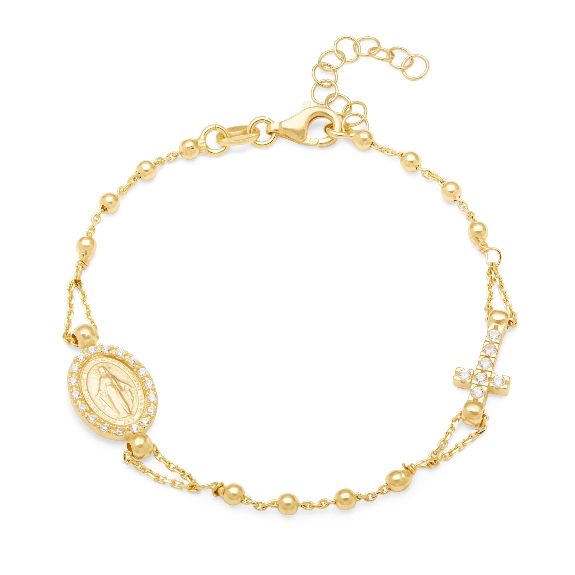 Mondo Cattolico Bracelet Gold-plated Sterling Silver Rosary Bracelet With Cross and Miraculous Medal and Cubic Zirconia Details