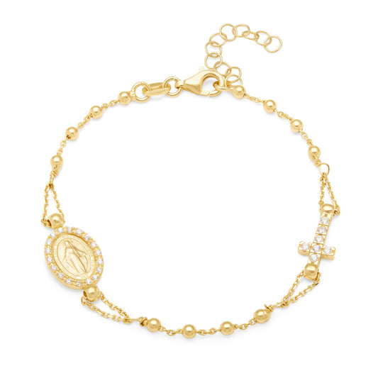 Mondo Cattolico Bracelet Gold-plated Sterling Silver Rosary Bracelet With Cross and Miraculous Medal and Cubic Zirconia Details