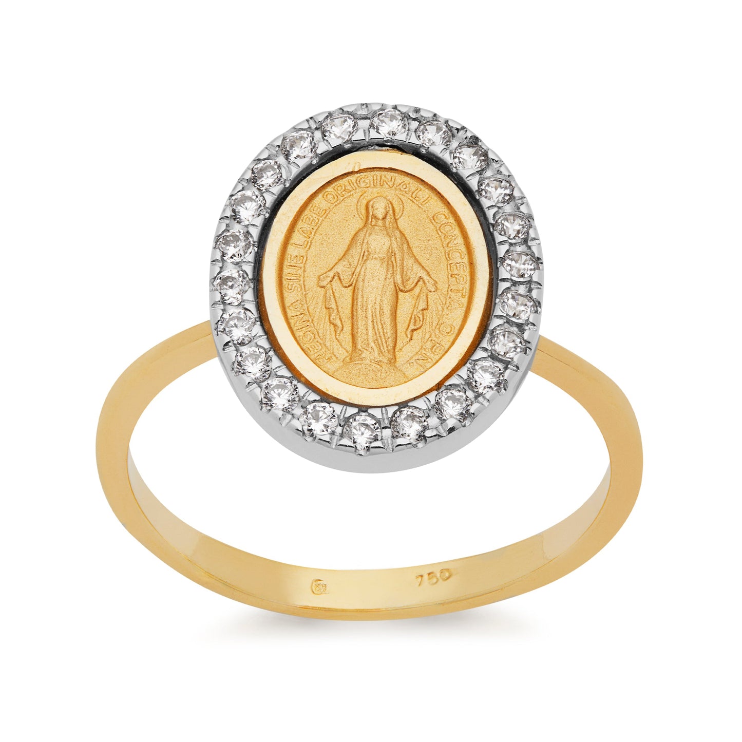 Mondo Cattolico Gold Ring With Miraculous Medal With White Gold and Cubic Zirconia Details