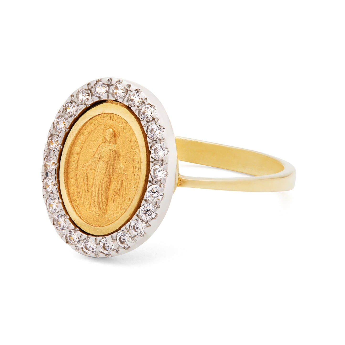 Mondo Cattolico Gold Ring With Miraculous Medal With White Gold and Cubic Zirconia Details