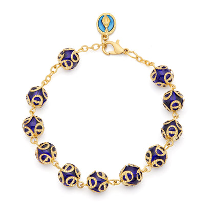 MONDO CATTOLICO ROMA Bracelet 21 cm (8.27 in) / 8 mm (0.31 in) Gold-tone Bracelet with Blue Crystal Beads and Bead Caps