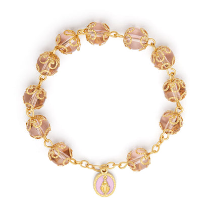 MONDO CATTOLICO ROMA Bracelet 21 cm (8.27 in) / 8 mm (0.31 in) Gold-tone Bracelet with Filigree-Cotter Pinned Pink Crystal Beads