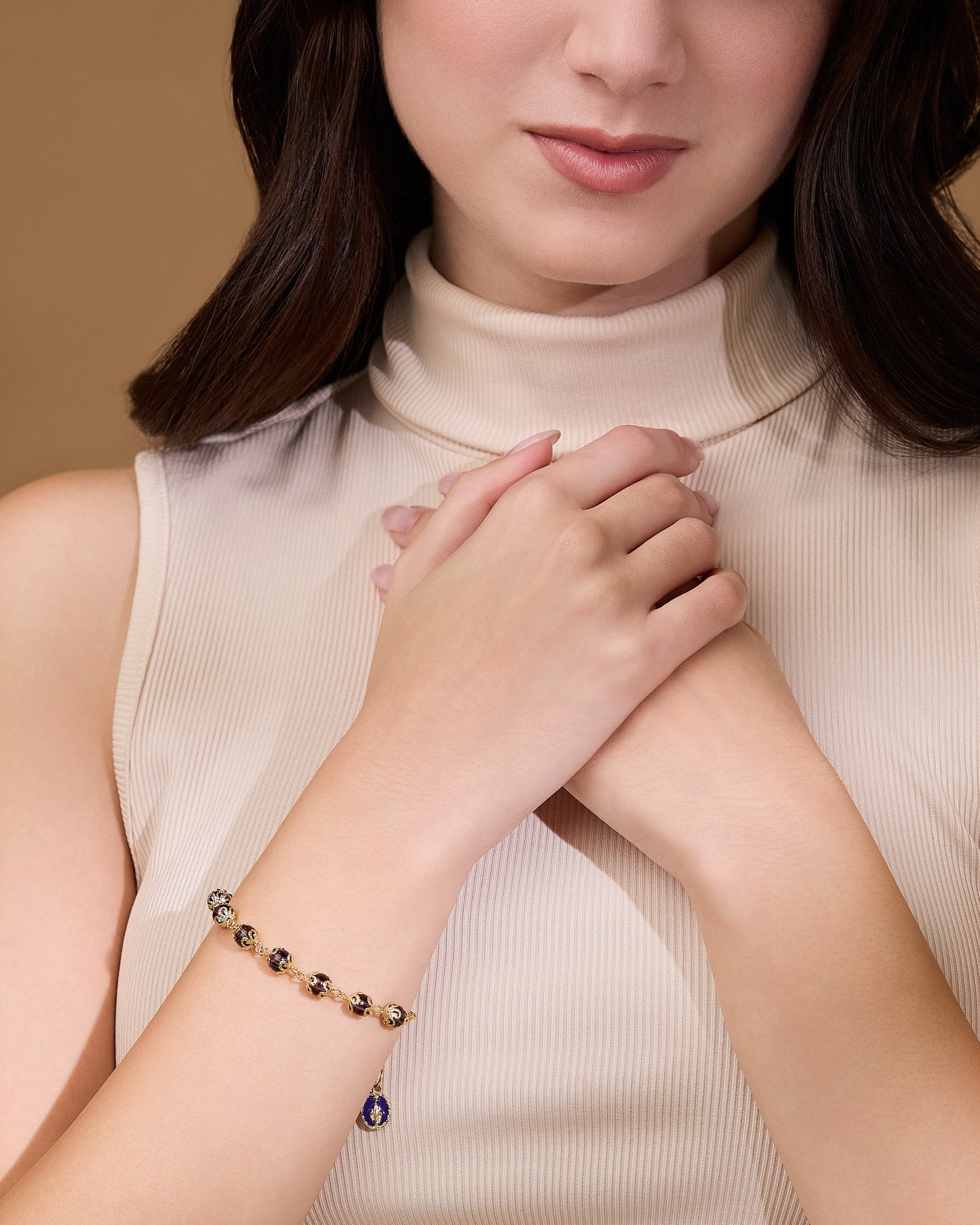 MONDO CATTOLICO ROMA Bracelet 20 cm (7.87 in) / 6 mm (0.24 in) Gold-tone Bracelet with Small Purple Crystal Beads and Filigree Bead Caps