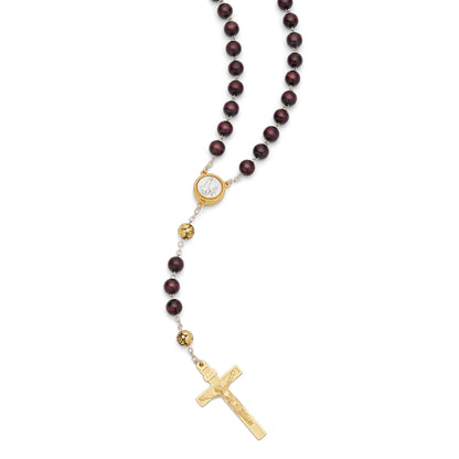 MONDO CATTOLICO ROMA Rosary 52 cm (20.47 in) / 8 mm (0.31 in) / 72 cm (28.35 in) Gold-Tone Metal Our Lady Of Fatima Rosary with Dark Brown Wood Beads and Holy Land Soil Reliquary