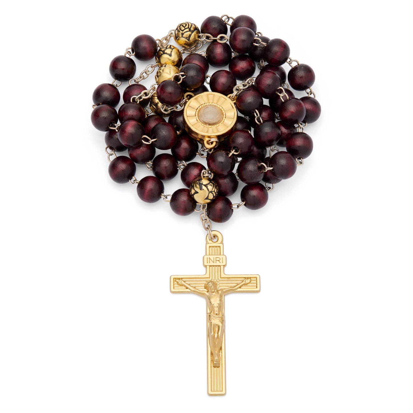 MONDO CATTOLICO ROMA Rosary 52 cm (20.47 in) / 8 mm (0.31 in) / 72 cm (28.35 in) Gold-Tone Metal Our Lady Of Fatima Rosary with Dark Brown Wood Beads and Holy Land Soil Reliquary