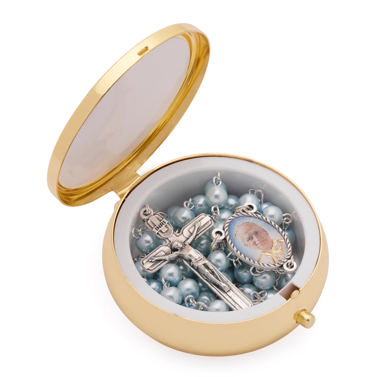 MONDO CATTOLICO ROMA Rosary Box 6 cm (2.36 in) / 48 cm (18.90 in) / 6 mm (0.24 in) Gold-Tone Metal Pope Leo XIV Rosary Case with Light Blue Rosary