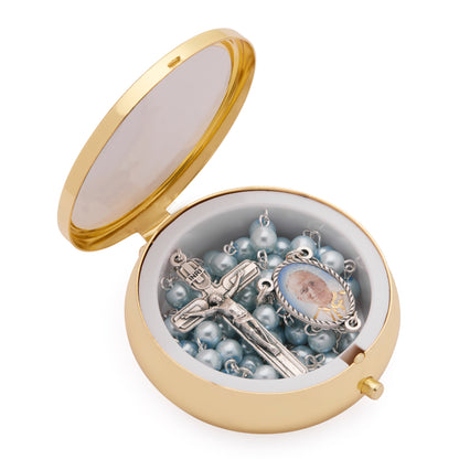 MONDO CATTOLICO ROMA Rosary Box 6 cm (2.36 in) / 48 cm (18.90 in) / 6 mm (0.24 in) Gold-Tone Metal Pope Leo XIV Rosary Case with Light Blue Rosary