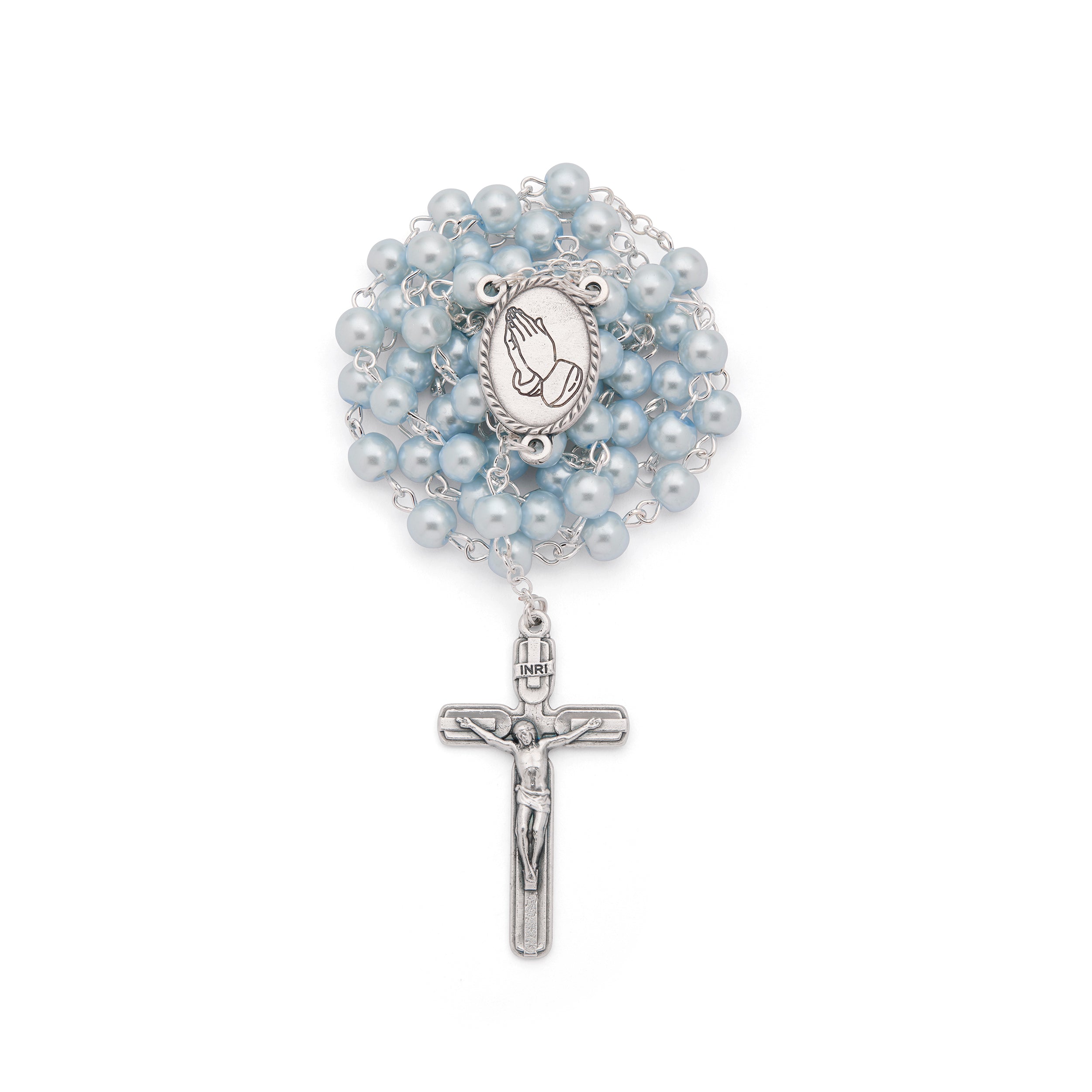 Gold-Tone Metal Pope Leo XIV Rosary Case with Light Blue Rosary