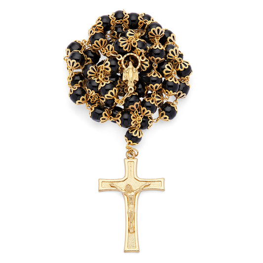 MONDO CATTOLICO ROMA Rosary 52 cm (20.47 in) / 72 cm (28.35 in) / 8 mm (0.31 in) Gold-Tone Metal Rosary With Black Faceted Crystal Beads