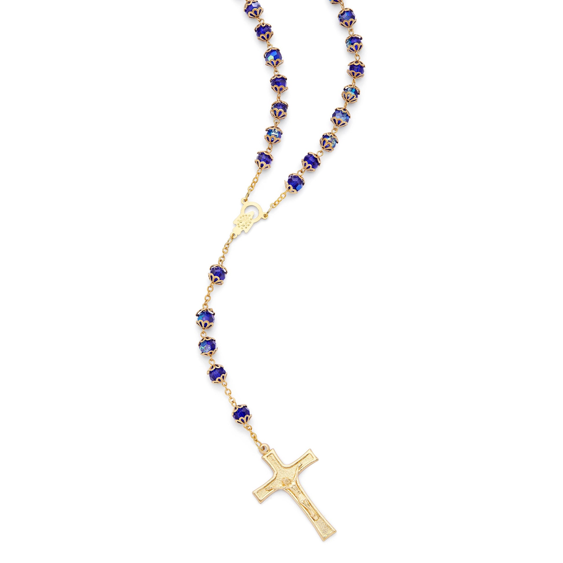 MONDO CATTOLICO ROMA Rosary 52 cm (20.47 in) / 72 cm (28.35 in) / 8 mm (0.31 in) Gold-Tone Metal Rosary With Blue Faceted Crystal Beads