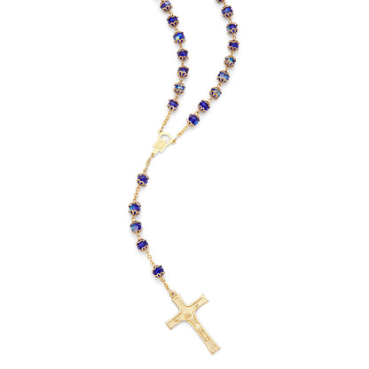 MONDO CATTOLICO ROMA Rosary 52 cm (20.47 in) / 72 cm (28.35 in) / 8 mm (0.31 in) Gold-Tone Metal Rosary With Blue Faceted Crystal Beads