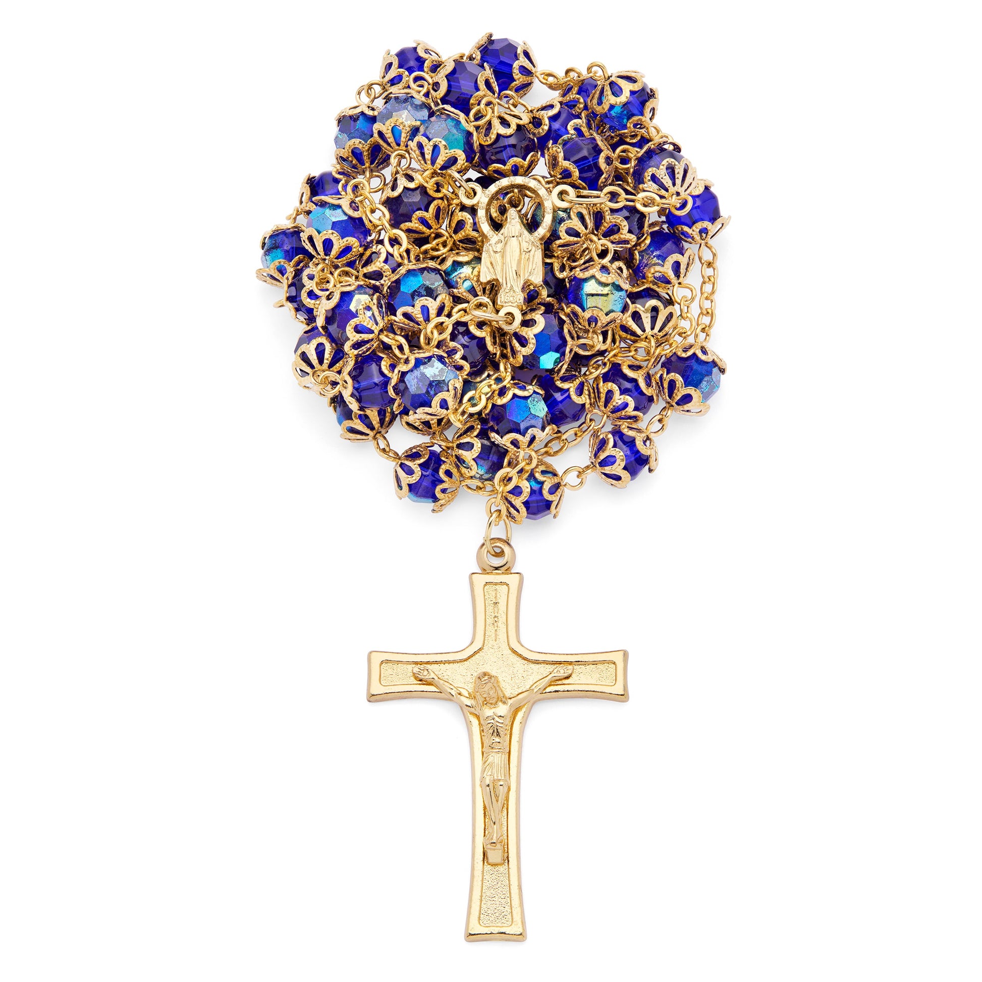 MONDO CATTOLICO ROMA Rosary 52 cm (20.47 in) / 72 cm (28.35 in) / 8 mm (0.31 in) Gold-Tone Metal Rosary With Blue Faceted Crystal Beads