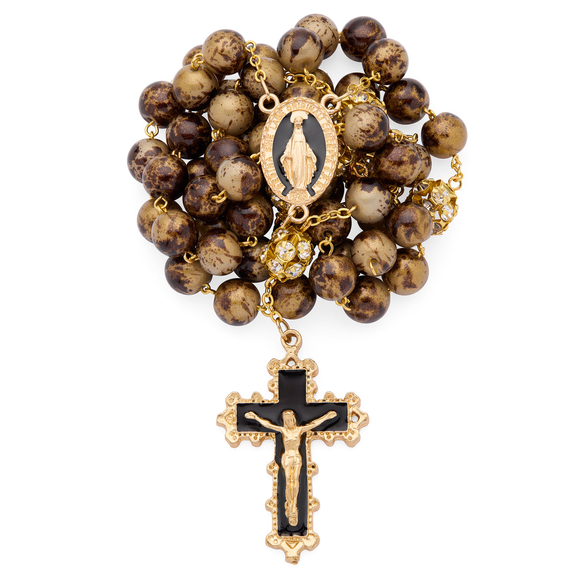 MONDO CATTOLICO ROMA Rosary 56 cm (22.05 in) / 74 cm (29.13 in) / 10 mm (0.39 in) Gold-Tone Metal Rosary with Brown and Gold-Tone Marble Effect Beads and Rhinestone Beads