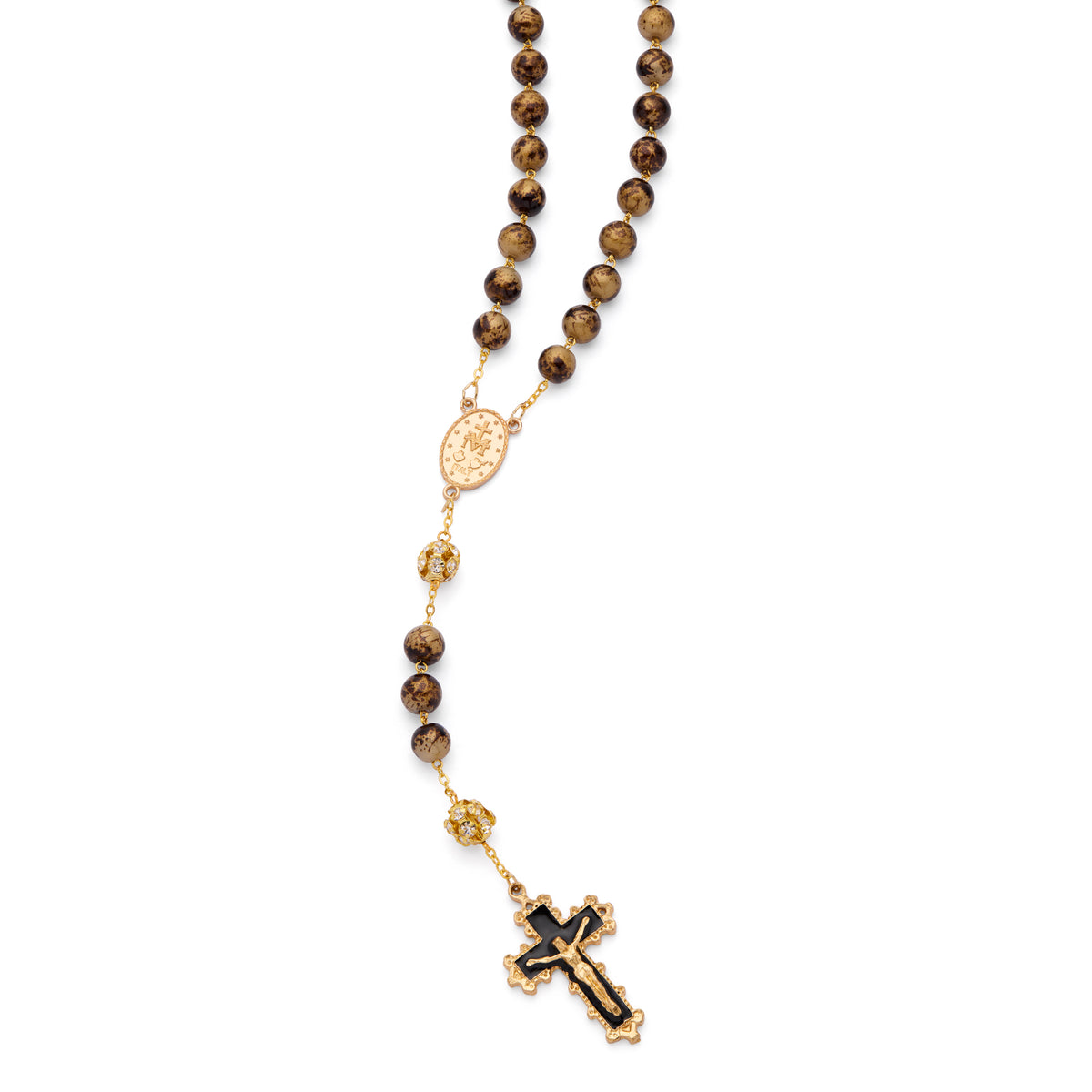 MONDO CATTOLICO ROMA Rosary 56 cm (22.05 in) / 74 cm (29.13 in) / 10 mm (0.39 in) Gold-Tone Metal Rosary with Brown and Gold-Tone Marble Effect Beads and Rhinestone Beads