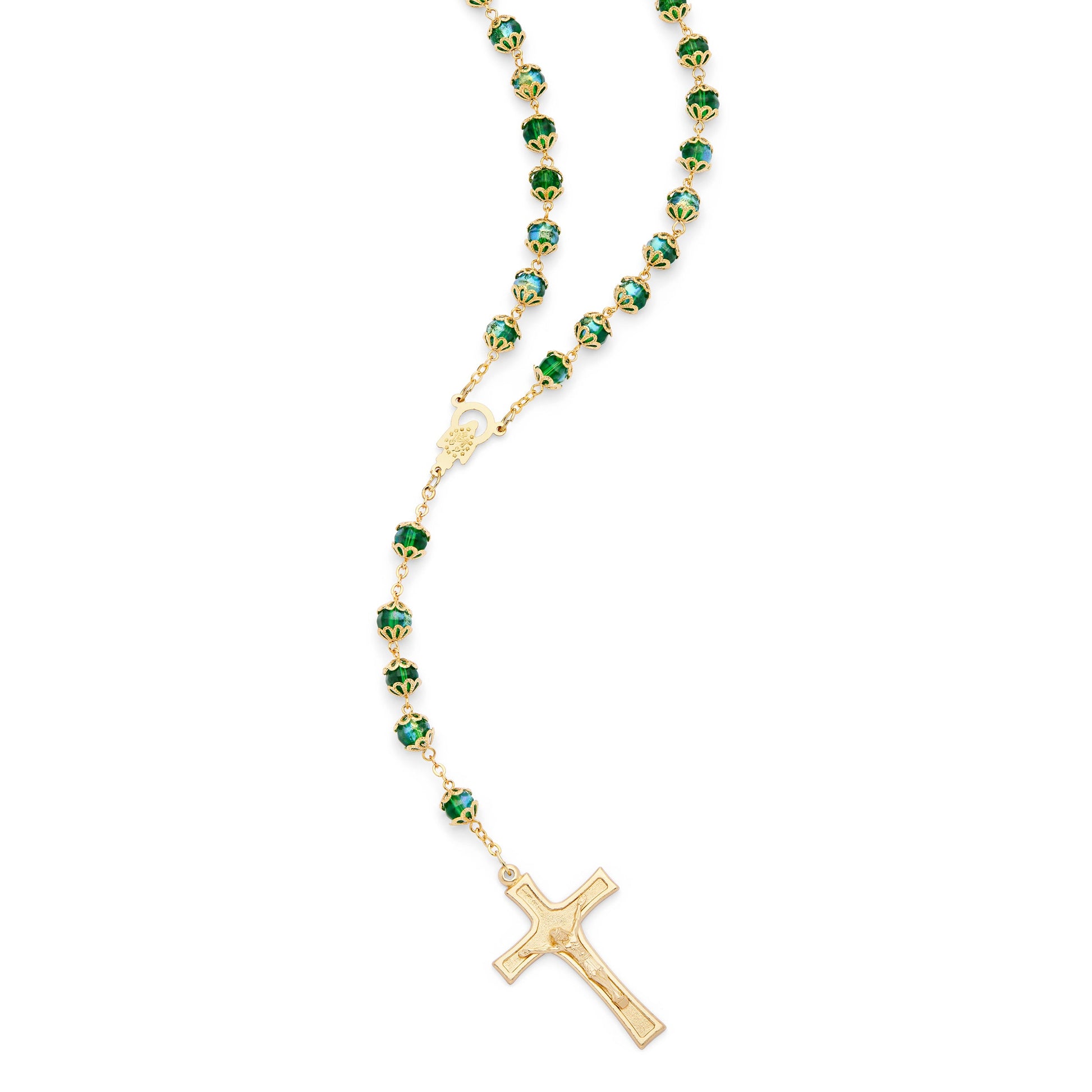 MONDO CATTOLICO ROMA Rosary 52 cm (20.47 in) / 72 cm (28.35 in) / 8 mm (0.31 in) Gold-Tone Metal Rosary with Dark Green Faceted Crystal Beads