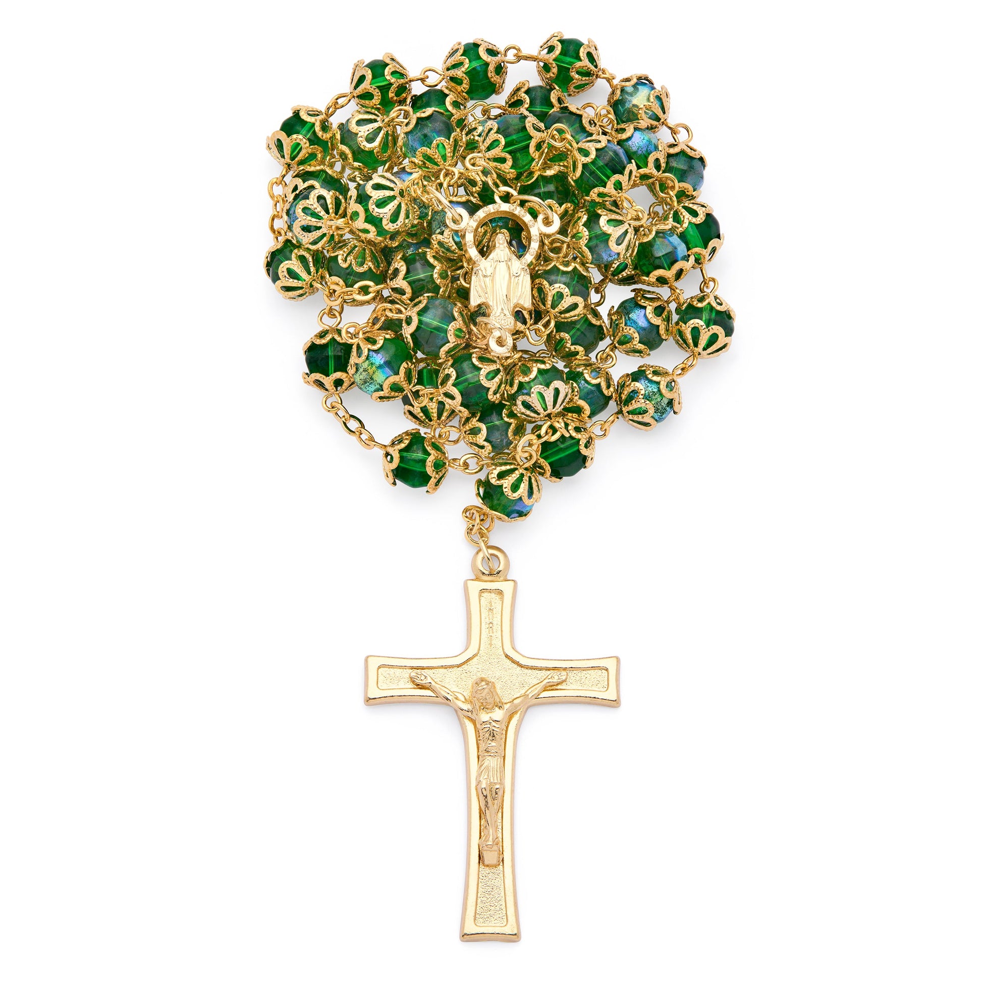 MONDO CATTOLICO ROMA Rosary 52 cm (20.47 in) / 72 cm (28.35 in) / 8 mm (0.31 in) Gold-Tone Metal Rosary with Dark Green Faceted Crystal Beads