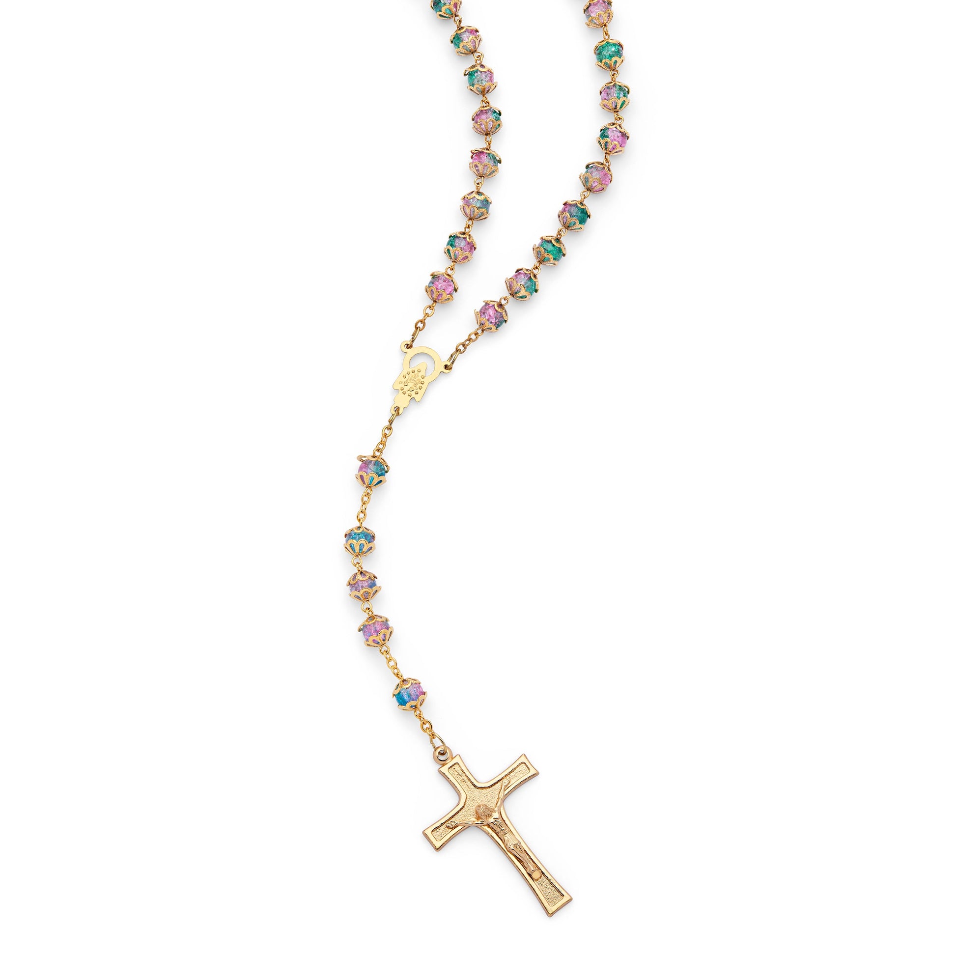 MONDO CATTOLICO ROMA Rosary 52 cm (20.47 in) / 72 cm (28.35 in) / 8 mm (0.31 in) Gold-Tone Metal Rosary With Green And Pink Faceted Crystal Beads