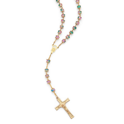 MONDO CATTOLICO ROMA Rosary 52 cm (20.47 in) / 72 cm (28.35 in) / 8 mm (0.31 in) Gold-Tone Metal Rosary With Green And Pink Faceted Crystal Beads