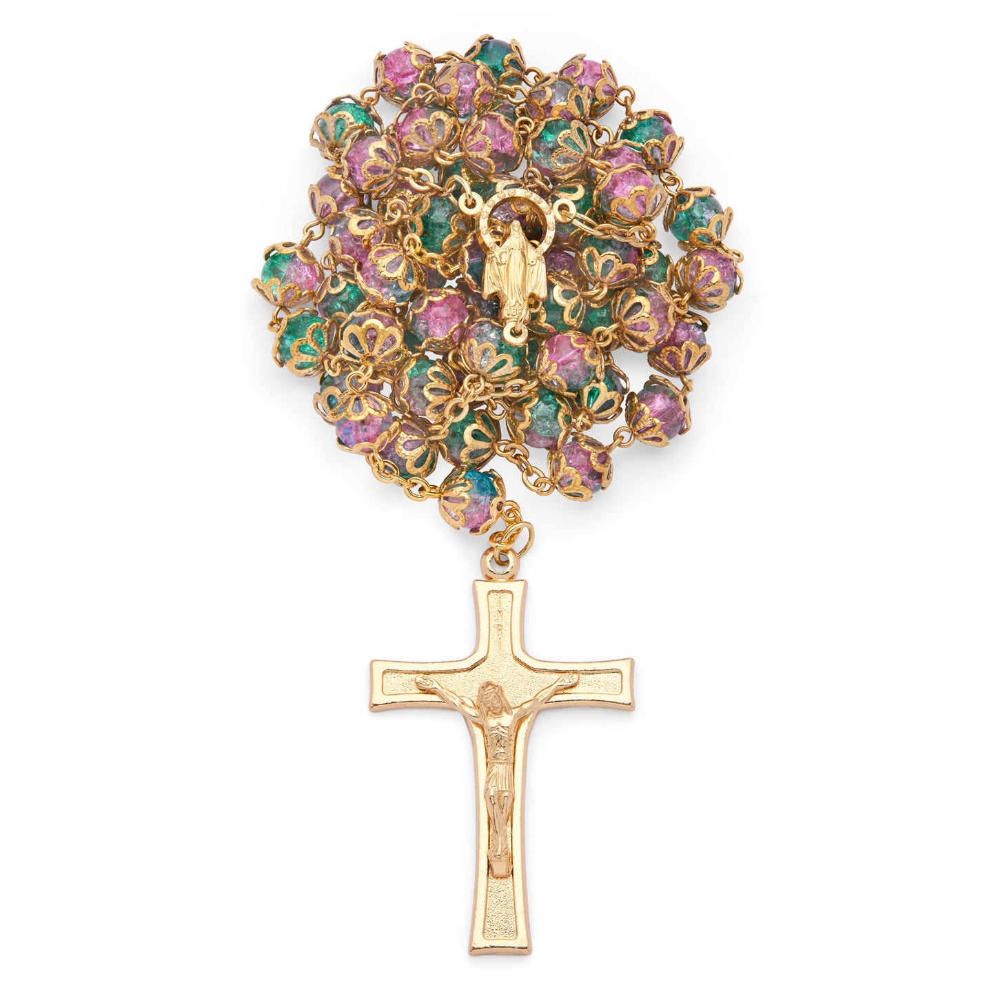 MONDO CATTOLICO ROMA Rosary 52 cm (20.47 in) / 72 cm (28.35 in) / 8 mm (0.31 in) Gold-Tone Metal Rosary With Green And Pink Faceted Crystal Beads