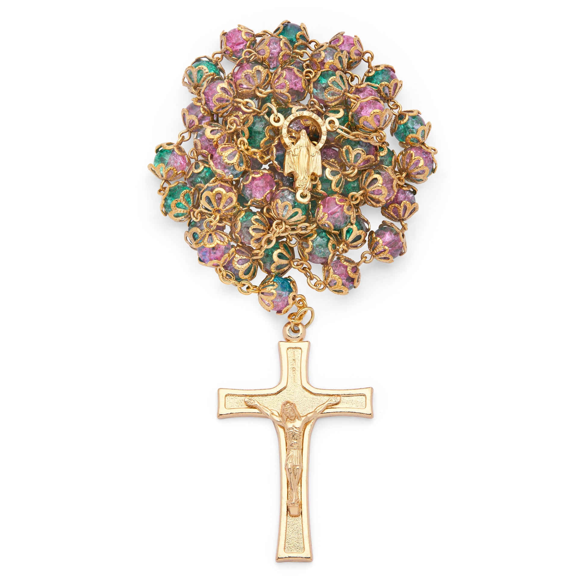 MONDO CATTOLICO ROMA Rosary 52 cm (20.47 in) / 72 cm (28.35 in) / 8 mm (0.31 in) Gold-Tone Metal Rosary With Green And Pink Faceted Crystal Beads