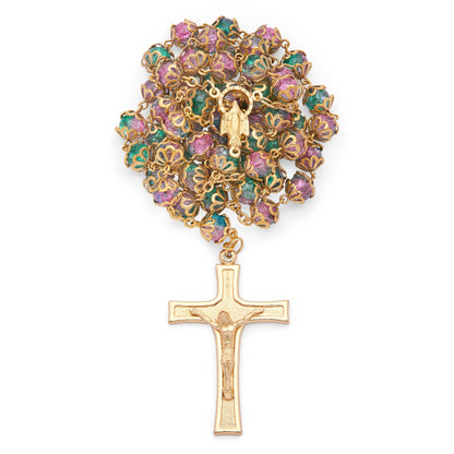 MONDO CATTOLICO ROMA Rosary 52 cm (20.47 in) / 72 cm (28.35 in) / 8 mm (0.31 in) Gold-Tone Metal Rosary With Green And Pink Faceted Crystal Beads