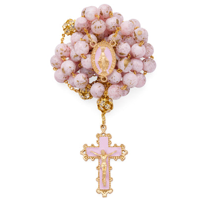 MONDO CATTOLICO ROMA Rosary 56 cm (22.05 in) / 74 cm (29.13 in) / 10 mm (0.39 in) Gold-Tone Metal Rosary with Light Pink Marble Effect Beads and Rhinestone Beads