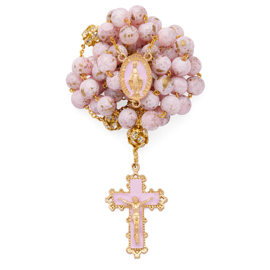 MONDO CATTOLICO ROMA Rosary 56 cm (22.05 in) / 74 cm (29.13 in) / 10 mm (0.39 in) Gold-Tone Metal Rosary with Light Pink Marble Effect Beads and Rhinestone Beads