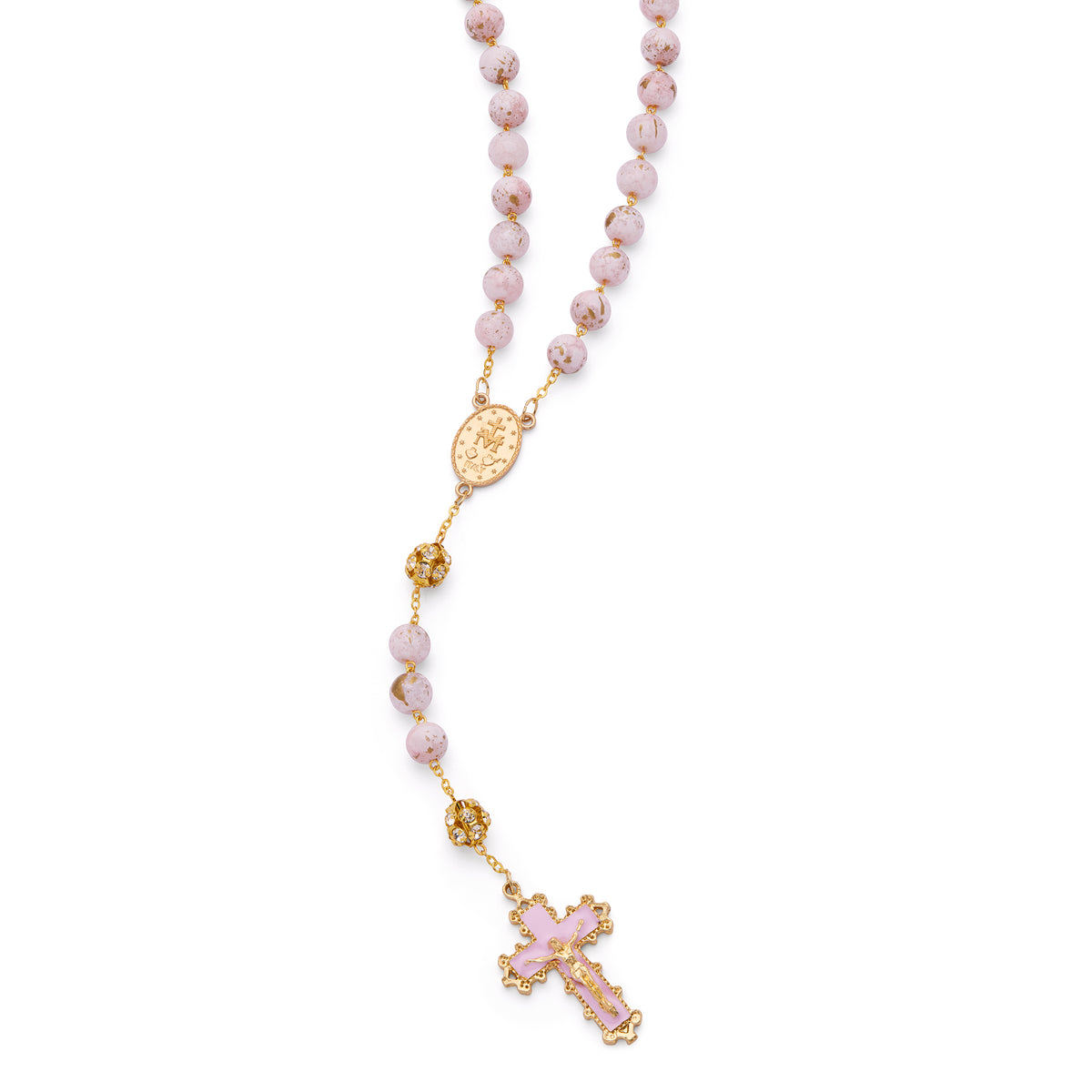 MONDO CATTOLICO ROMA Rosary 56 cm (22.05 in) / 74 cm (29.13 in) / 10 mm (0.39 in) Gold-Tone Metal Rosary with Light Pink Marble Effect Beads and Rhinestone Beads